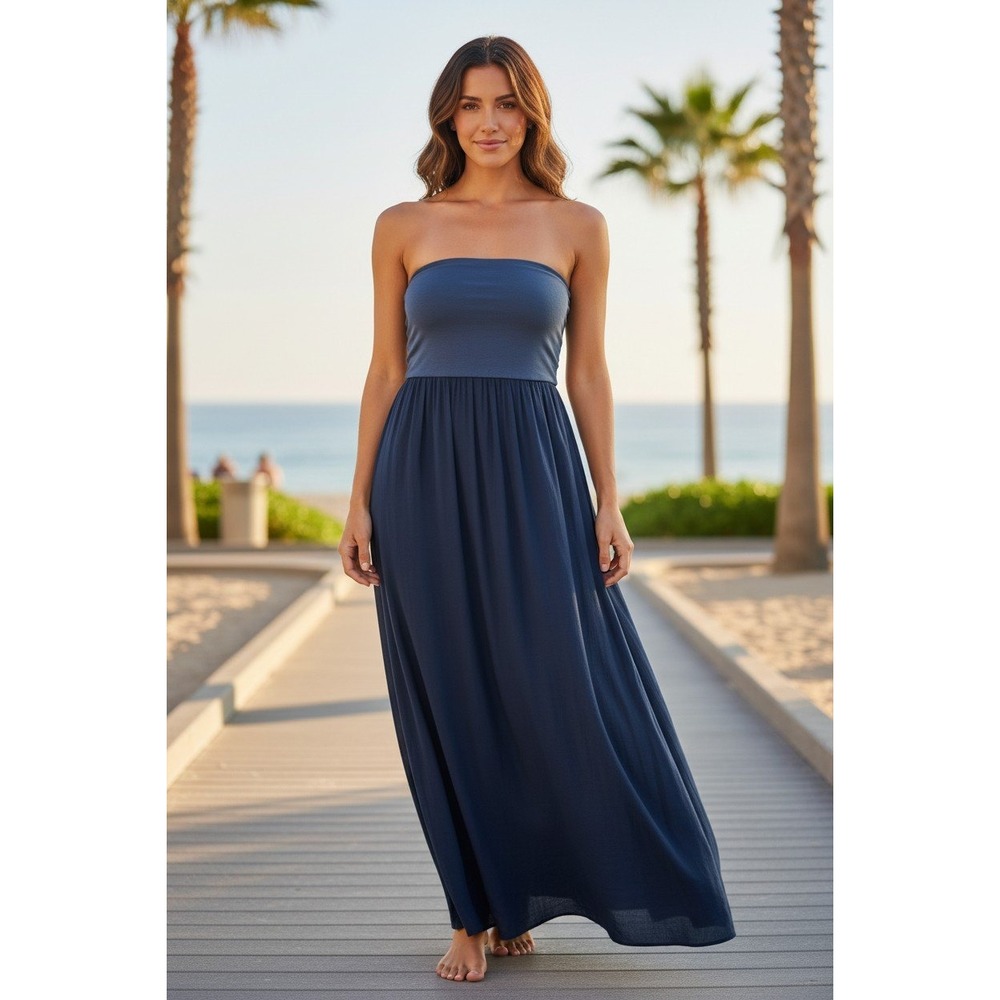 Splendid Strapless Maxi Dress Navy Blue Convertible Tube Dress Resort XS Beach